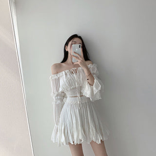 Korea off-shoulder lace top and lace skirt set