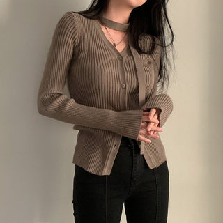 V-neck single-breasted slim sweater