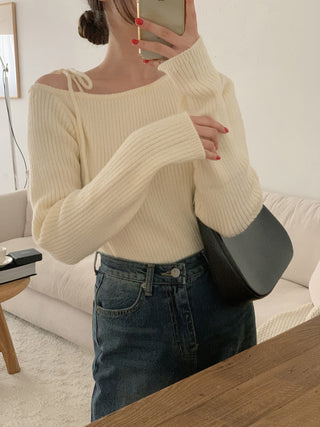 French Off-Shoulder Lace-Up Knit Sweater