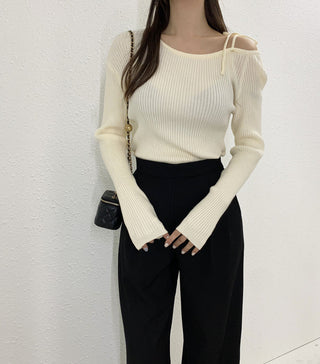 French Off-Shoulder Lace-Up Knit Sweater