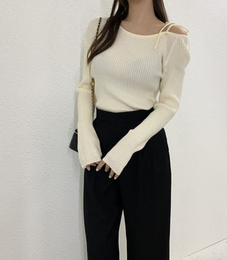 French Off-Shoulder Lace-Up Knit Sweater