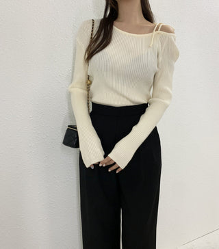 French Off-Shoulder Lace-Up Knit Sweater