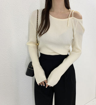 French Off-Shoulder Lace-Up Knit Sweater