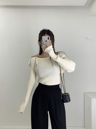 French Off-Shoulder Lace-Up Knit Sweater