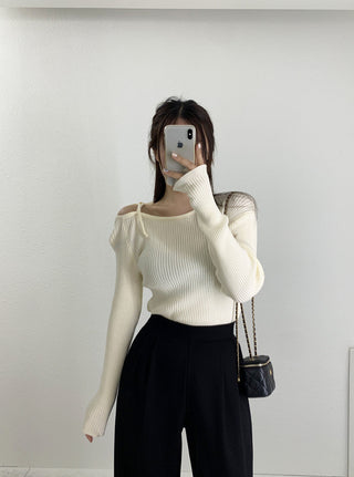 French Off-Shoulder Lace-Up Knit Sweater