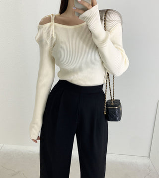 French Off-Shoulder Lace-Up Knit Sweater