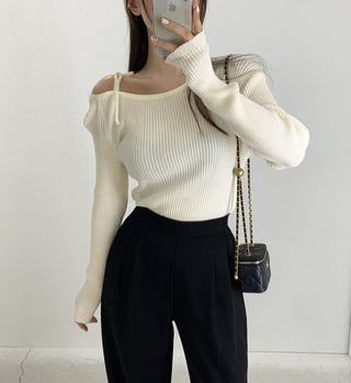 French Off-Shoulder Lace-Up Knit Sweater