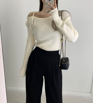 French Off-Shoulder Lace-Up Knit Sweater