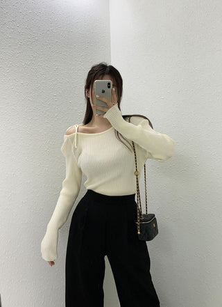 French Off-Shoulder Lace-Up Knit Sweater