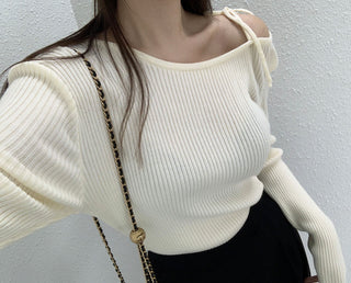 French Off-Shoulder Lace-Up Knit Sweater