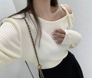 French Off-Shoulder Lace-Up Knit Sweater