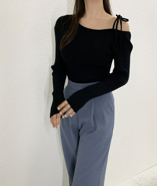 French Off-Shoulder Lace-Up Knit Sweater