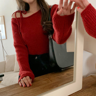 French Off-Shoulder Lace-Up Knit Sweater