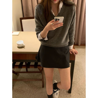 Solid color woolen slim v-neck sweater