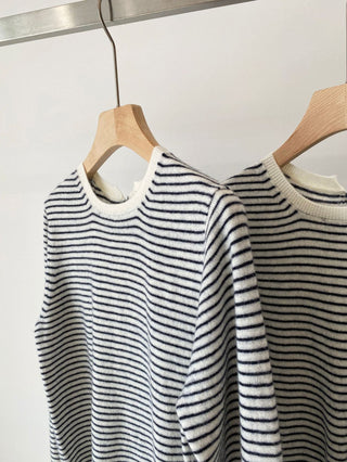 Back button up round neck striped wool sweater