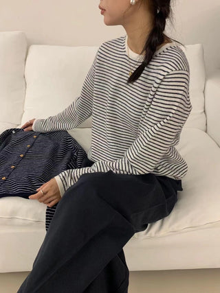 Back button up round neck striped wool sweater