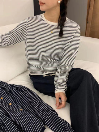 Back button up round neck striped wool sweater