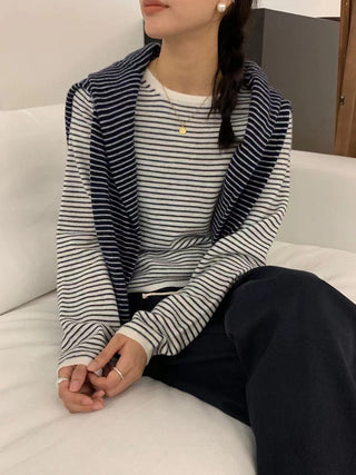 Back button up round neck striped wool sweater