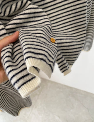 Back button up round neck striped wool sweater