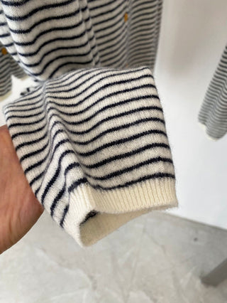 Back button up round neck striped wool sweater