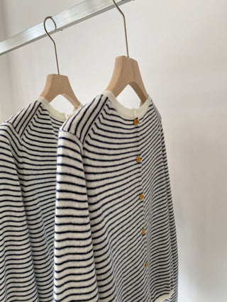 Back button up round neck striped wool sweater