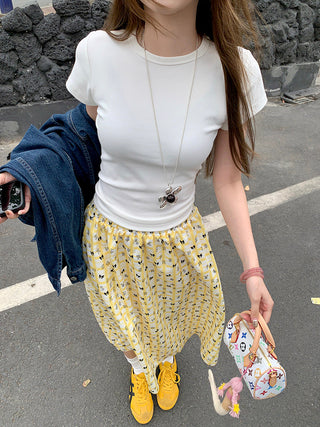 White Short Sleeve Top with Printed Skirt