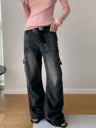 Retro Multi-Pocket Pleated Distressed Jeans