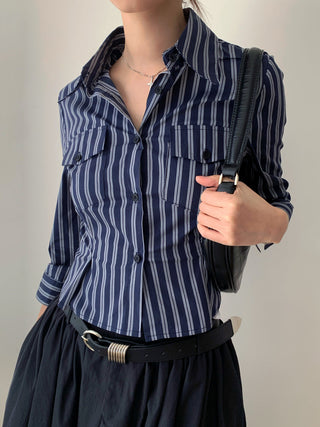 Striped Double Pocket Single-Breasted Shirt