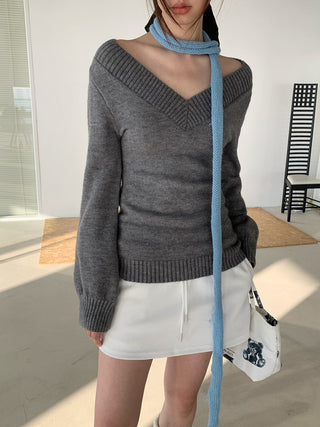 Color V-Neck Waist Knitwear Top