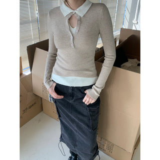 Fake Two-Piece Contrast Color Slim Sweater