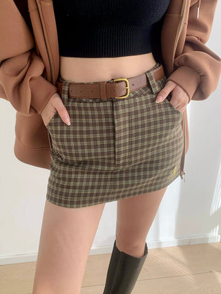 Plaid A-line anti-exposure high waist skirt