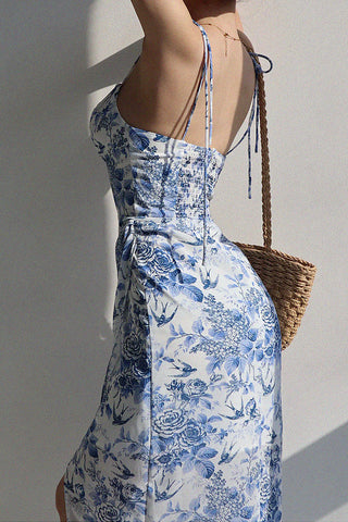 retro ink blue print side slit dress