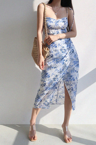 retro ink blue print side slit dress