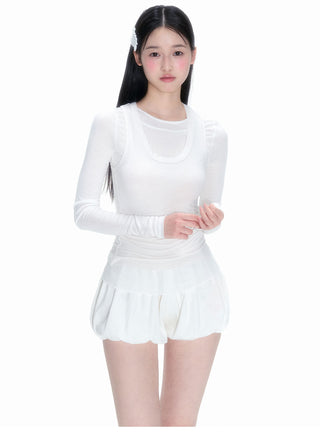 [NECY] Wing Embossed layered slim long-sleeved top