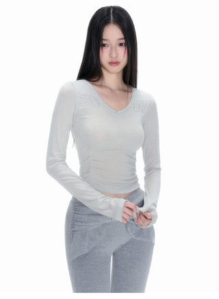 [NECY] Wing Embroidered V Neck Merino Wool Top