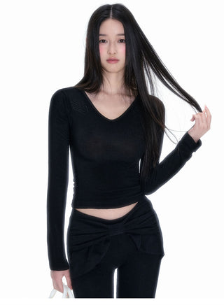 [NECY] Wing Embroidered V Neck Merino Wool Top