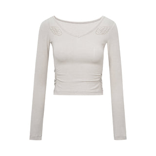 [NECY] Wing Embroidered V Neck Merino Wool Top