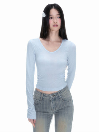 [NECY] Wing Embroidered V Neck Merino Wool Top