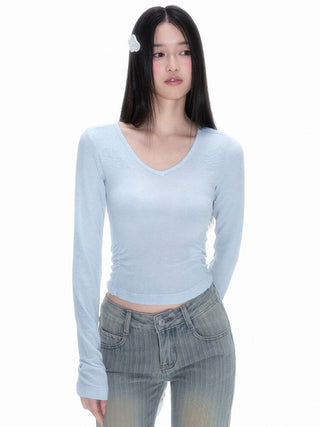 [NECY] Wing Embroidered V Neck Merino Wool Top