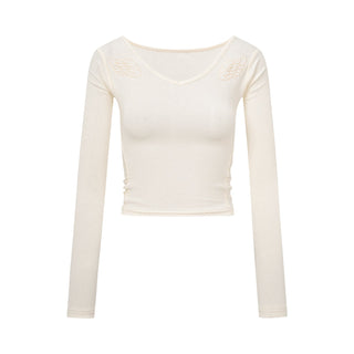 [NECY] Wing Embroidered V Neck Merino Wool Top