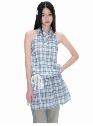 [NECY] Plaid Halter Dress Sleeveless A Line