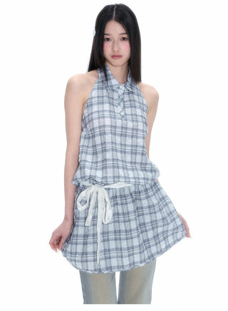 [NECY] Plaid Halter Dress Sleeveless A Line