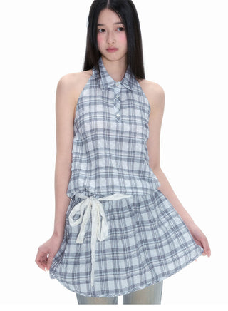 [NECY] Plaid Halter Dress Sleeveless A Line