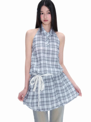 [NECY] Plaid Halter Dress Sleeveless A Line