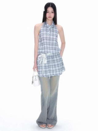 [NECY] Plaid Halter Dress Sleeveless A Line