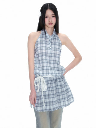 [NECY] Plaid Halter Dress Sleeveless A Line