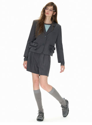 [NECY] Bow pocket short suit coat and suit shorts two-piece set