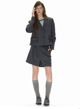 [NECY] Bow pocket short suit coat and suit shorts two-piece set