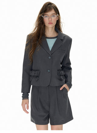 [NECY] Bow pocket short suit coat and suit shorts two-piece set