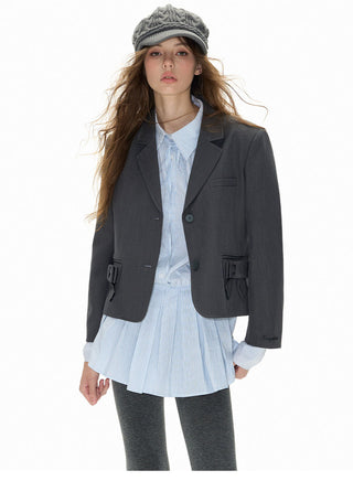 [NECY] Bow pocket short suit coat and suit shorts two-piece set